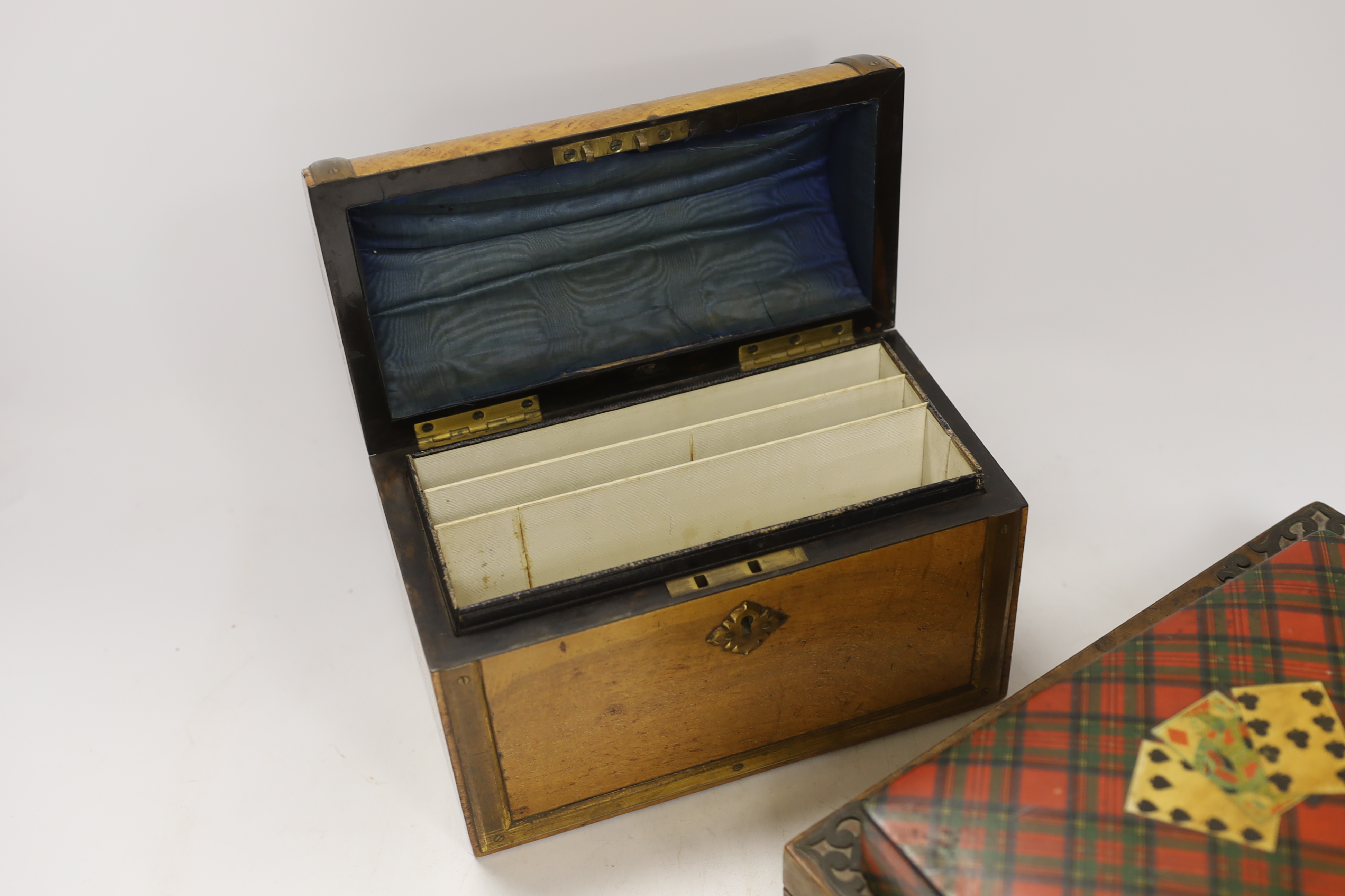 A Tartanware games case, a burr walnut compendium, a dome topped stationery box and two quill boxes, largest 22cm wide x 17cm high